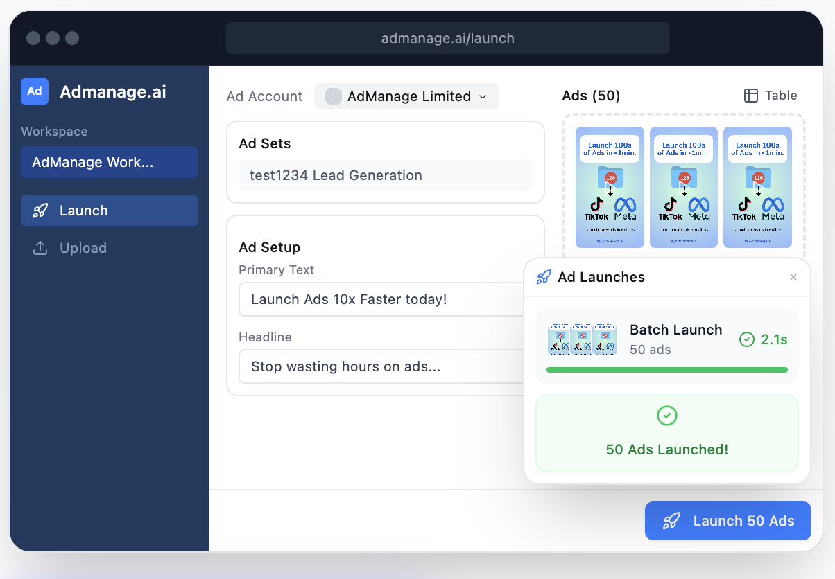 The AdManage launcher batch-launching Meta ads with post-ID and flexible ad types