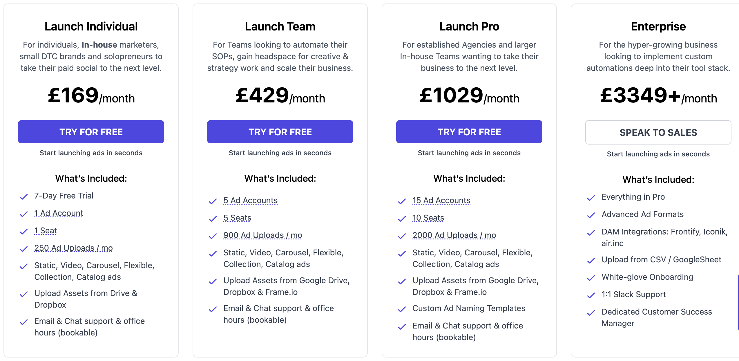Kitchn.io pricing tiers showing upload caps, per-account add-ons and format gating